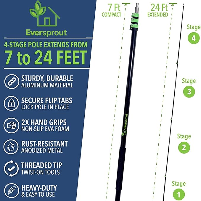 EVERSPROUT 7-to-24 Foot Telescopic Extension Pole (30 Foot Reach) | Heavy-Duty Sturdy Aluminum | Easy Flip-Tab Lock Mechanism | Twist-On Metal Tip Works for Squeegee, Duster, Paint Roller (Pole only)