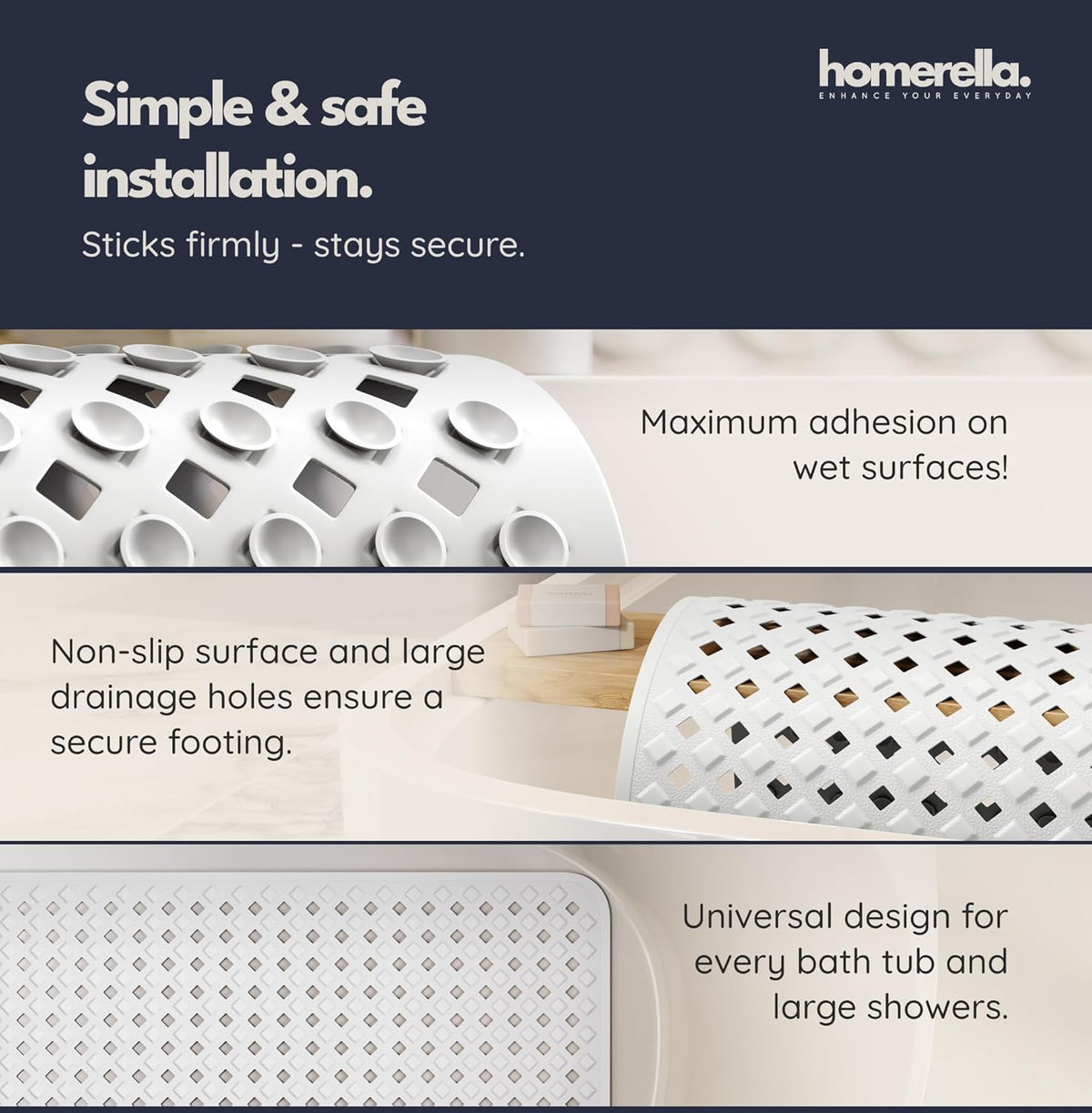 homerella® Bathtub Mat Non Slip 35x16, Incl. Hooks for Drying, Extra Long, 100% BPA Free, Shower Mat Non Slip Anti Mold, Machine Washable, Shower Mats for Inside Shower Mildew Resistant