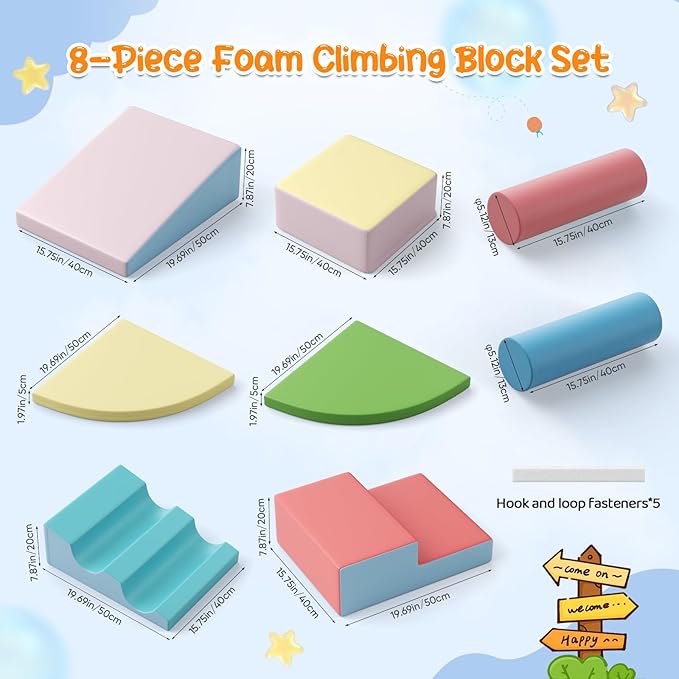 Lischwert Foam Climbing Blocks for Toddlers 1-3, 8pcs Soft Play Set with Crawling Exploration Toys, Indoor Outdoor Infant Safe Blocks for Baby Gym Toddler Playground