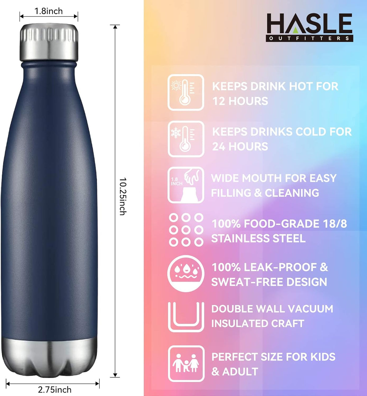 HASLE OUTFITTERS 17oz Stainless Steel Water Bottles Bulk, Vacuum Insulated Water Bottles Double Walled Powder Coated Reusable Metal Sports Water Bottles Keep Drinks Hot and Cold, Navy, 4Packs