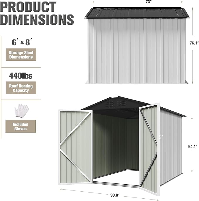 JUMMICO Metal Outdoor Storage Shed 6 x 8 FT Metal Shed with Lockable Door,Waterproof Garden Tool Shed Storage House for Backyard Patio Lawn,White