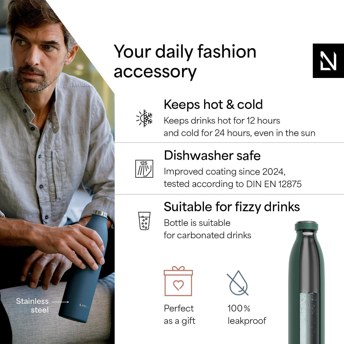LARS NYSØM Stainless Steel Insulated Water Bottle 12oz 17oz 25oz 34oz 51oz | Insulated Thermo Flask for Hot and Cold Beverages | Leakproof Drinking Bottle (Pine Green, 25.4oz)