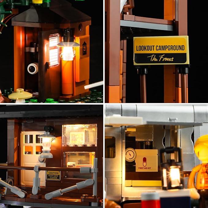 Funwhole Lookout Campground Lighting Building-Bricks Set - Retro Wild Lookout Tower Camping Car and Family Minifigures LED Light Building Set 1426 Pcs for Adults and Teen