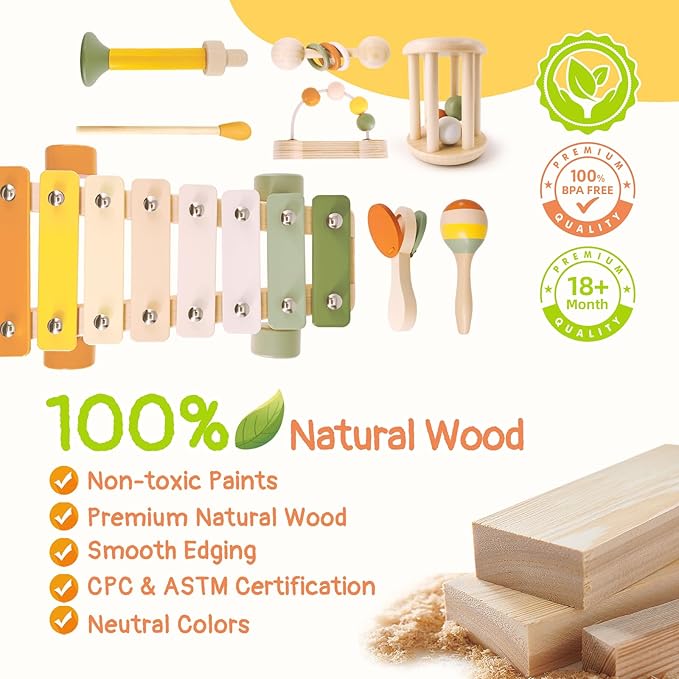 7pcs Musical Instruments Set - 18M+ Montessori Toys 2 3 4 Neutral Colors Wooden Toys for Toddlers 3-5 Percussion Instruments Modern Boho Xylophone Sensory Gifts Boys Girls