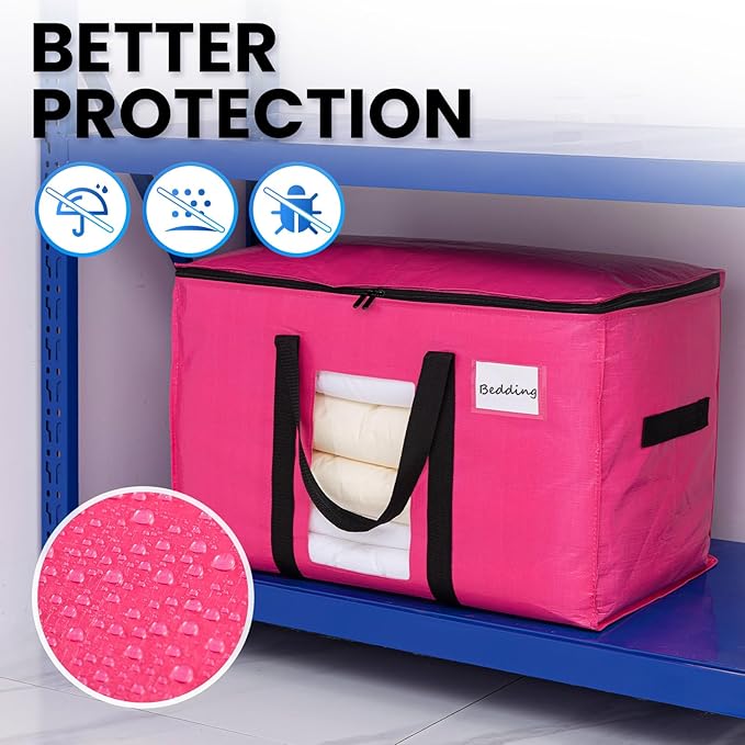 TAILI 4 Pack Pink Extra Large Moving Bags, Heavy Duty Totes with Visible Window, Wrap Around Handles, Great for Storage, Space-Saving