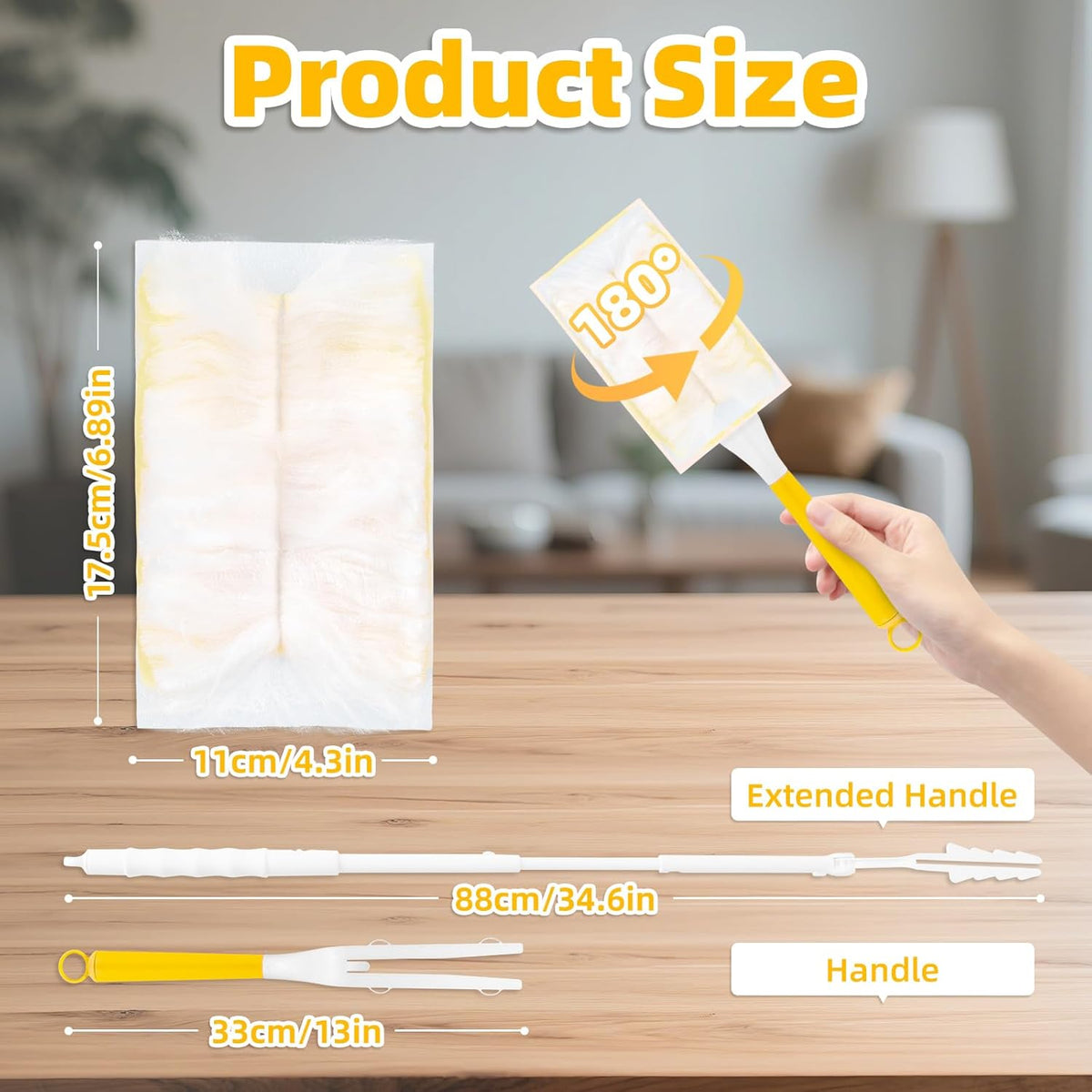 52 Count Disposable Duster Refills for Cleaning, 180° Dusters Refills Compatible with Swiffer Handles (Yellow, 50 Count Dust Removal Brushes + 1 Standard Handle + 1 Extended Handle)