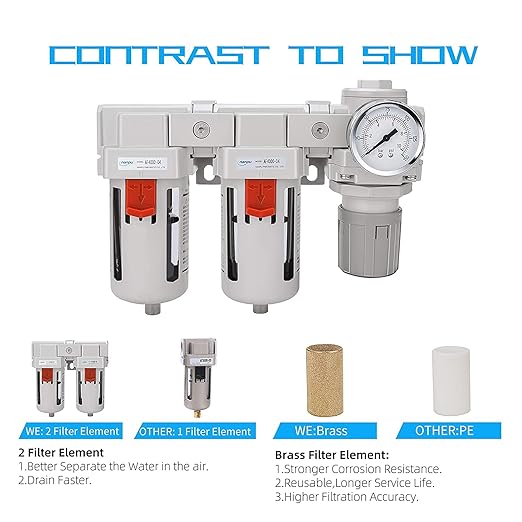 NANPU 1/2" NPT Air Drying System - Double Air Filters, Air Pressure Regulator Combo - Semi-Auto Drain, Poly Bowl