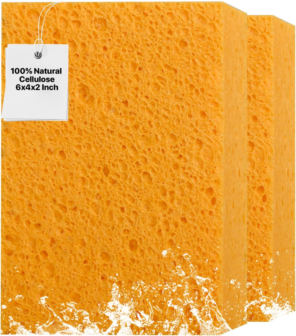 2 PCS Large Natural Cellulose Sponges 6x4x2 Inch - Super Absorbent and Biodegradable, Perfect for Home & Kitchen Cleaning, Boat Bail, Car Washing