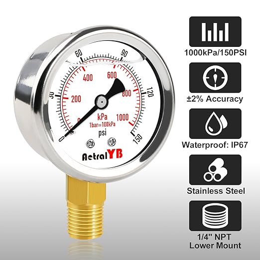 0-150 PSI Pressure Gauge, Liquid-Filled, 2-Inch, Stainless Steel Case, Brass Internals, 1/4" NPT Bottom Mount, Pressure Gauge for Air Compressor, RV Regulator, and Industrial Use