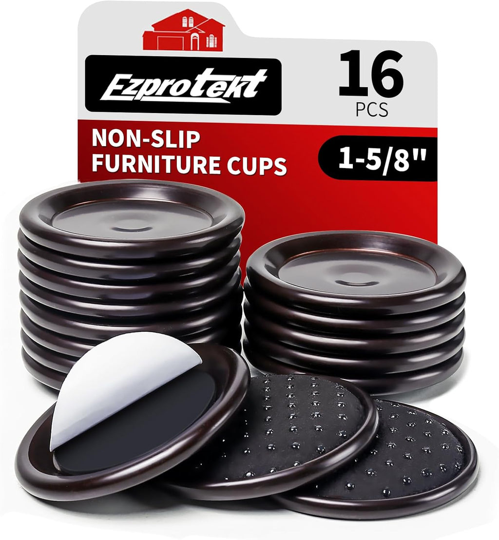 Ezprotekt 1 5/8" Round Non Slip Furniture Pads for Hardwood & Tile Floors, 16 Pcs Anti Skid Furniture Coasters Cups Floor Protectors for Bed, Sofa, Table, Chair, Cabinet, Brown/Black