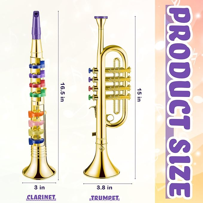 Amylove Set of 2 Toy Trumpet and Clarinet for Kids Toddlers Plastic Instruments Fake Music Toy Portable Early Educational Toys Teaching Songs Musical Gifts(Gold)