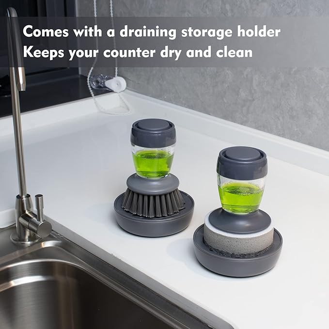 Dish Brush with Soap Dispenser, Kitchen Scrub Brush for Dishes Pots Pans Sink Cleaning, Dish Scrubber with Holder Set (Grey 2-Pack Combo Set)