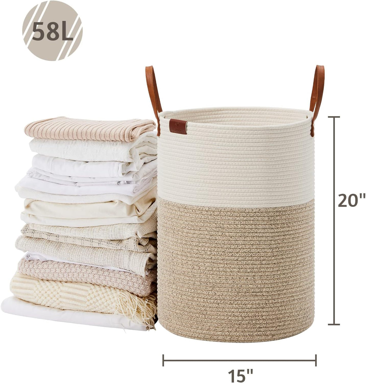 VIPOSCO Tall Laundry Basket, Large Dirty Clothes Hamper with Leather Handle, Woven Rope Storage Basket for Blanket, Toy In Living Room, Bathroom, Bedroom - 58L White & Brown