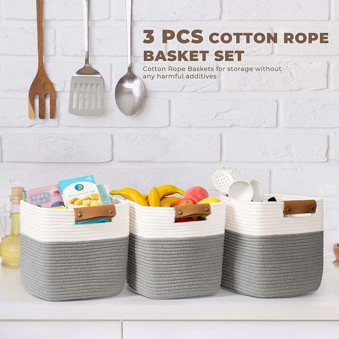 danpinera 3 Pack 11"x11" Woven Basket for Organizing, Square Storage Baskets for Pillows, Towels, Toy, Clothes, Magazines, Decorative Storage Cubes for Bedroom, Living Room, Classroom, Grey