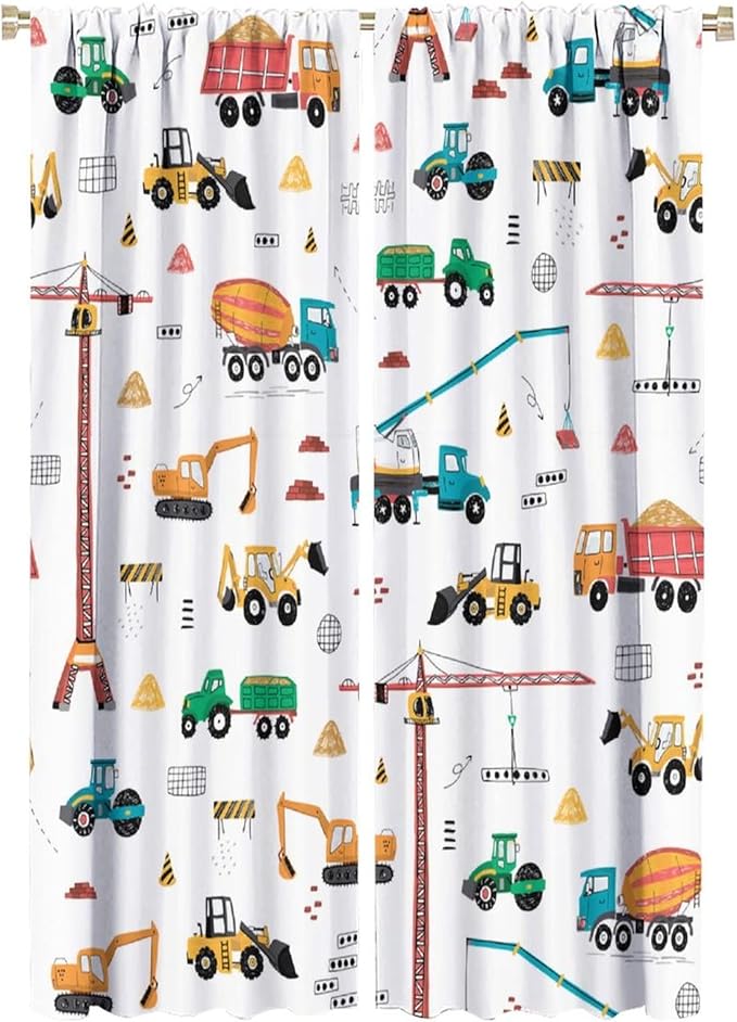 Construction Window Curtains, Kids Cartoon Construction Machines Building Hand Drawn Doodle Rod Pocket Decorative Windows Curtain for Children Teens Room Decor 42x63in (30% Blackout)