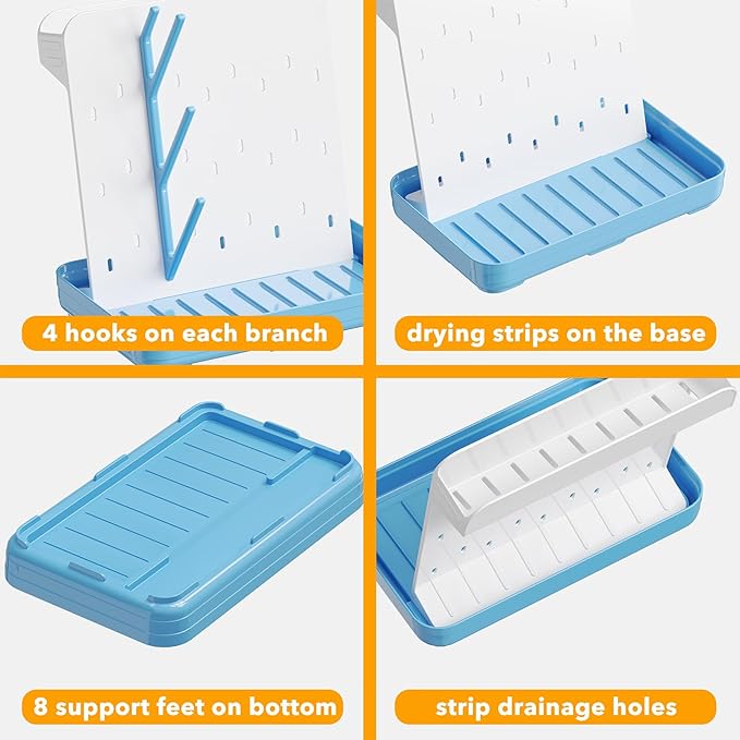 SpaceAid Baby Bottle Drying Rack with 20 Hooks, Space Saving Kitchen Bottles Rack Dryer, Vertical Baby Bottle Holder Organizer for Countertop Storage Accessories (White and Blue)