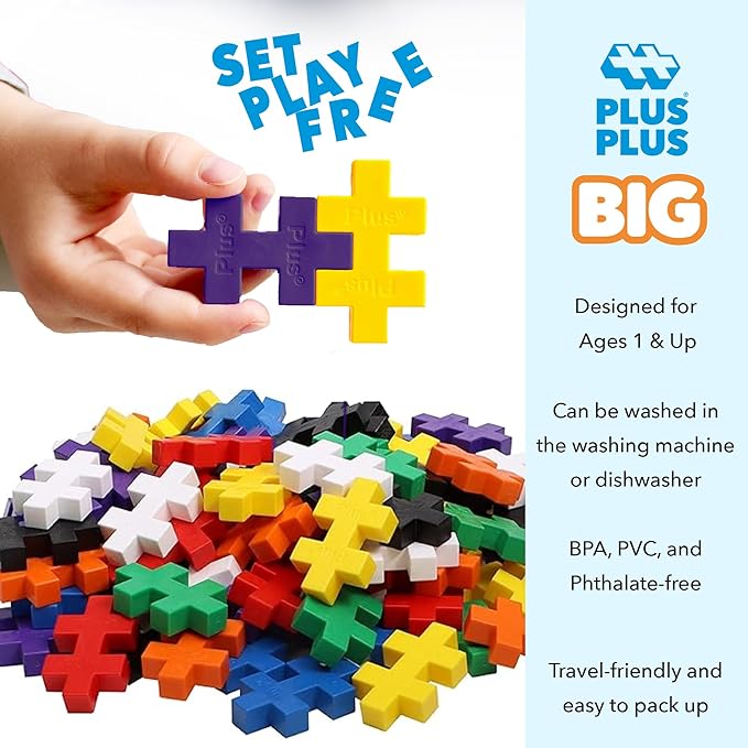 PLUS PLUS BIG - Open Play Set - 100 Piece - Basic Color Mix, Construction Building Stem Toy, Interlocking Large Puzzle Blocks for Toddlers and Preschool
