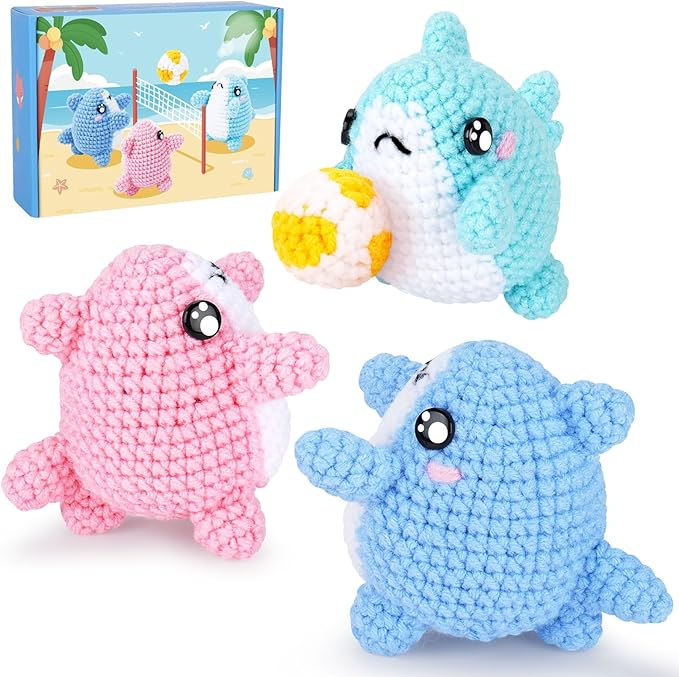 Crochet Kit for Beginners -3 PCS Sharks with a Ball Crochet Kit with Step-by-Step Video Tutorials, Beginner Crochet Kits for Adults Kids, Crochet Animal Kit, Shark Beach Party Crocheting Set