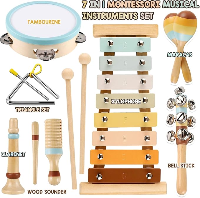LOOIKOOS Baby Musical Instruments,Montessori Wooden Toys for Toddlers 1-3 Preschool Educational Neutral Colors Percussion Instruments Set with Modern Boho Xylophone for Kids