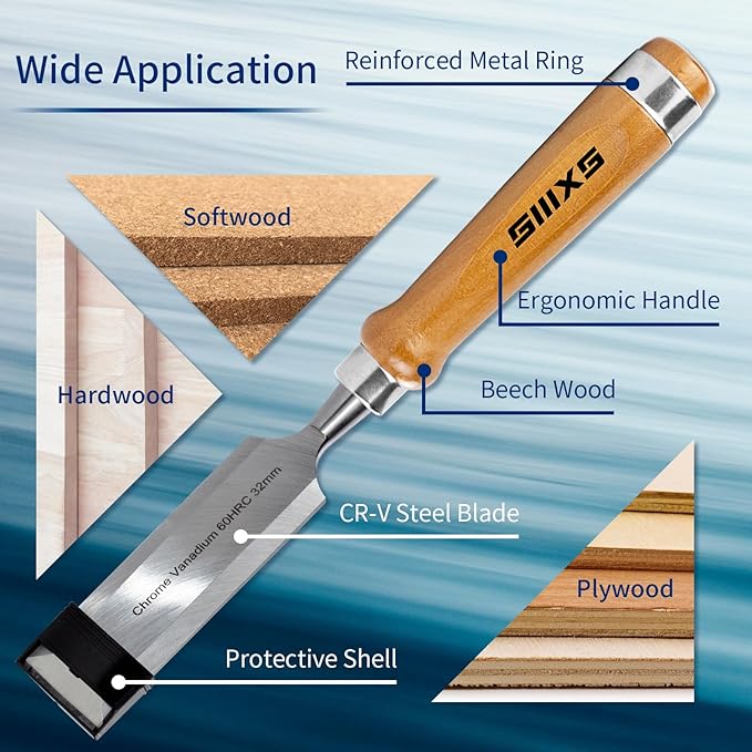 Professional Wood Chisel Set, 8pcs Woodworking Chisel Set with 1pcs Honing Guide, 1pcs Sharpening Stone
