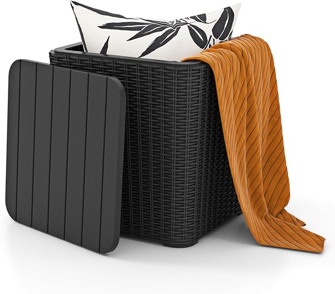 Tangkula 11.5 Gallon Water-proof Deck Box, Outdoor Patio Storage Box w/Removable Lid &, Faux Rattan Storage Container Side Table, All Weather Patio Furniture Extra Seat for Poolside (Black)
