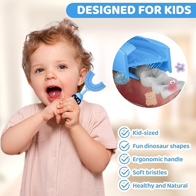 U-Shaped Toothbrush for Kids Ages 2-7， Soft Food-Grade Silicone for Sensitive Gums， 360° Teeth Cleaning Design，Training & Travel-Friendly Toddlers' Toothbrush (Blue)