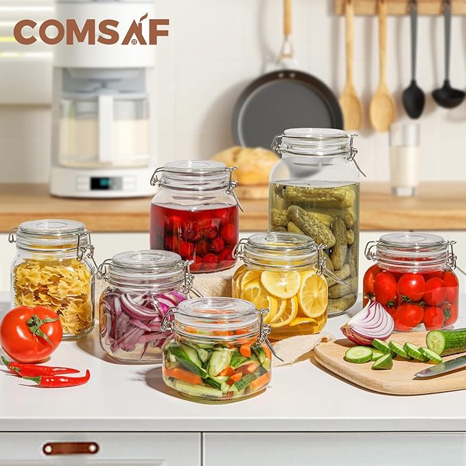 ComSaf 25oz Airtight Glass Canisters with Lids Set of 6, Square Food Storage Jar Container with Clamp Lids for Kitchen Canning Cereal Coffee Pasta Sugar Beans Spice, Clear Mason Jars with 12 Labels