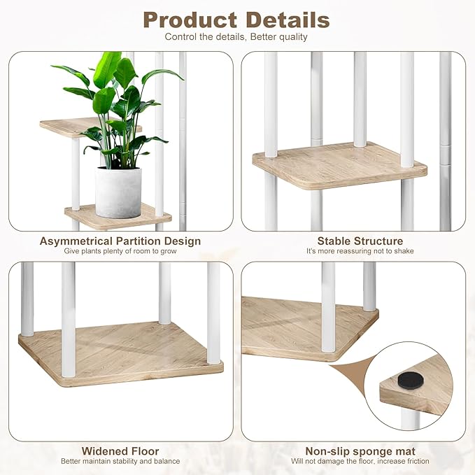 5 Tier Wood Tall Plant Stand Metal Rack Indoor, Multiple Flower Pot Holder Shelves Corner Rack, Planter Shelf Display Rack Storage Organizer for Patio Living Room Balcony Garden(White Oak)