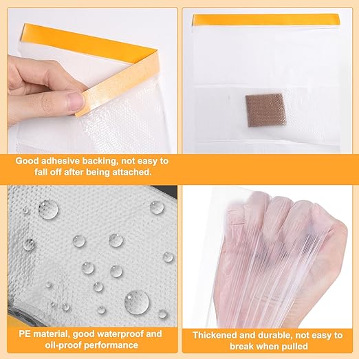 HARFINGTON 3 Rolls Pre-Taped Masking Film 126" x65.6ft Double Adhesive Tape and Drape Painters Plastic Drop Cloth Film with Tape Plastic Sheeting for Automotive Painting Covering