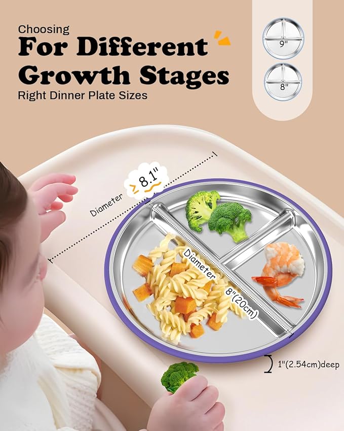 Stainless Steel Toddler Plate with Suction, 8” Divided Plates with Removable Silicone Sleeves for Baby, Non Toxic & BPA Free | Non Slip | Unbreakable Kids Snack Dishes Set of 2, Green & Purple