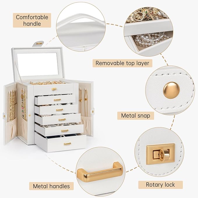 AKOZLIN 6-Tier Jewelry Box Organizer Functional 5 Drawers Leather Jewelry Storage Case for Women Girls Ring Necklace Earring Bracelet Holder Organizer with Mirror White