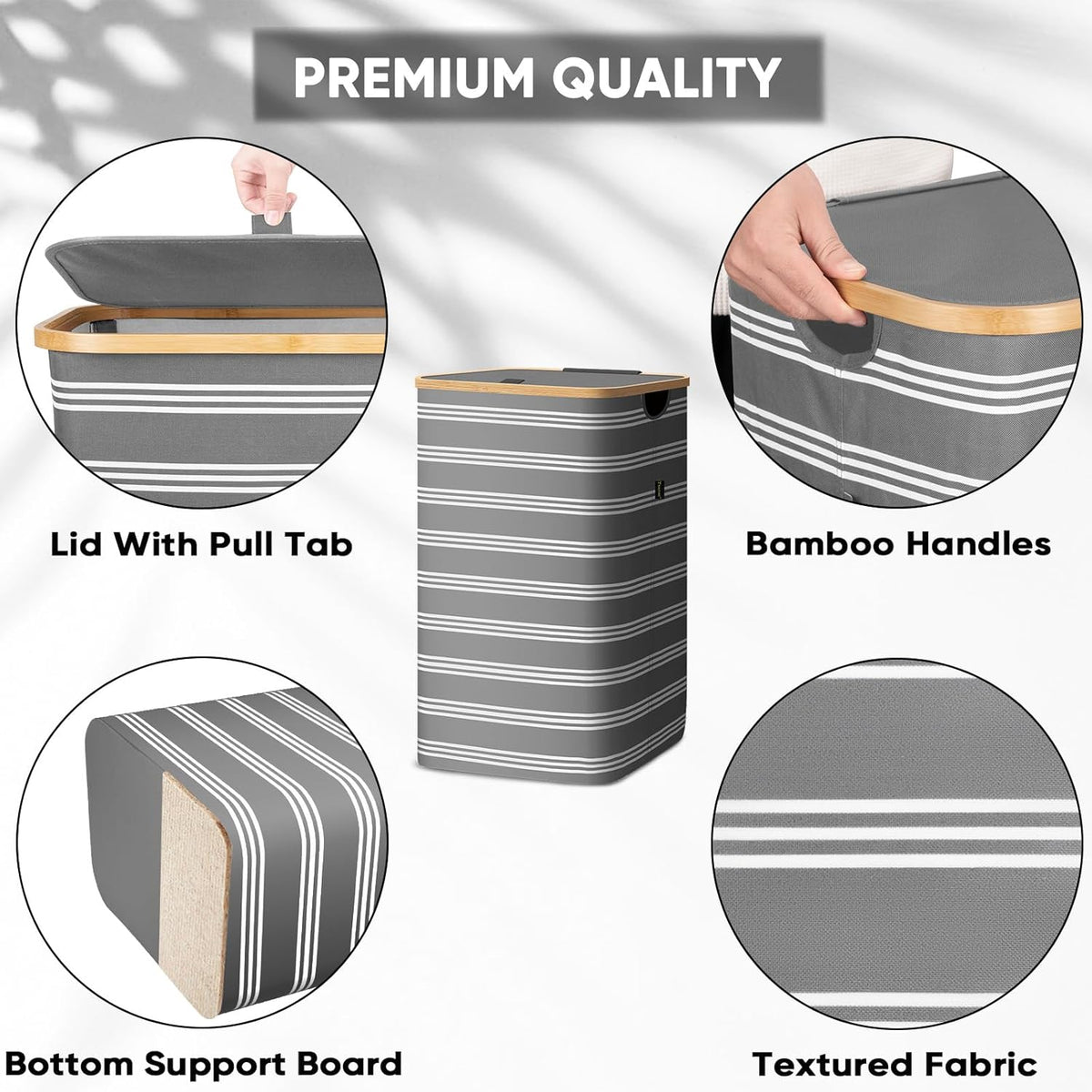 BALEINE Laundry Hamper with Lid, Tall Laundry Baskets with Bamboo Pull Handles, Large Laundry Bin with Internal Support (18 Gal/70L, Grey Pinstripe)