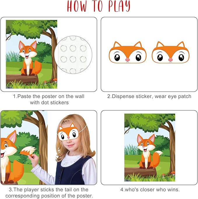 ASTARON Pin The Tail on The Fox Party Game with 30 Tail Stickers for Forest Farm Birthday Supplies Pin Game, Boys Girls Animal Party Favors Christmas Decorations