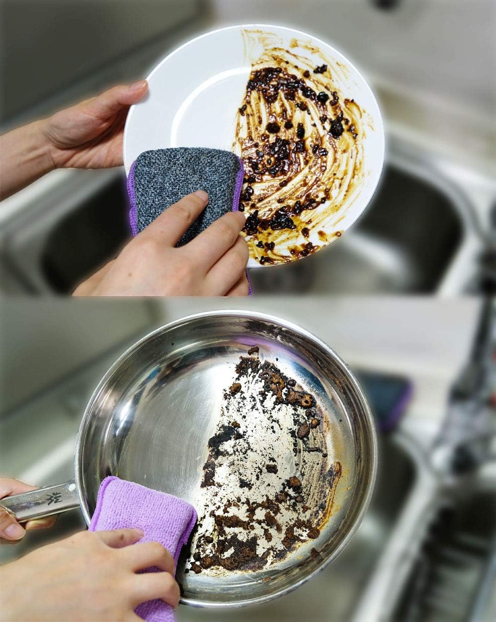 UPSTAR Kitchen Sponges for Dishes, Microfiber Cleaning Scrubber, Non-Scratch Scrubbies for Dishwashing and Bathroom, Size L Pack of 4