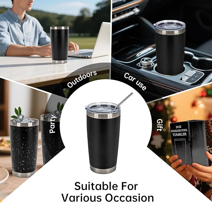 IEOVIEE 32 Pack 20oz Stainless Steel Bulk Tumblers with Lids and Straws Double Wall Insulated Travel Mug Durable Powder Coated Tumbler Bulk Cup for Cold and Hot Drinks(Black)