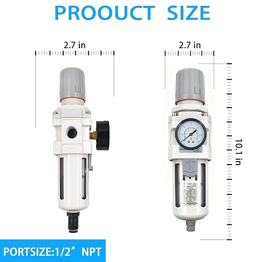 XingNEeng 1/2" NPT Compressed Air Filter Regulator Combo Piggyback, Water/Oil Trap Separator with Pressure Gauge(0-150 psi), Semi-Auto Drain, Poly Bowl, 5 Micron Brass Element, Metal Bracket