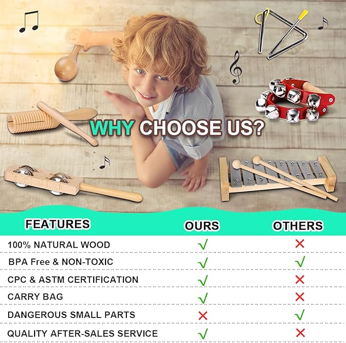 LOOIKOOS Toddler Musical Instruments International Natural Wooden Music Set for Toddlers and Kids - Eco Friendly Preschool Educational Musical Toys with Storage Bag