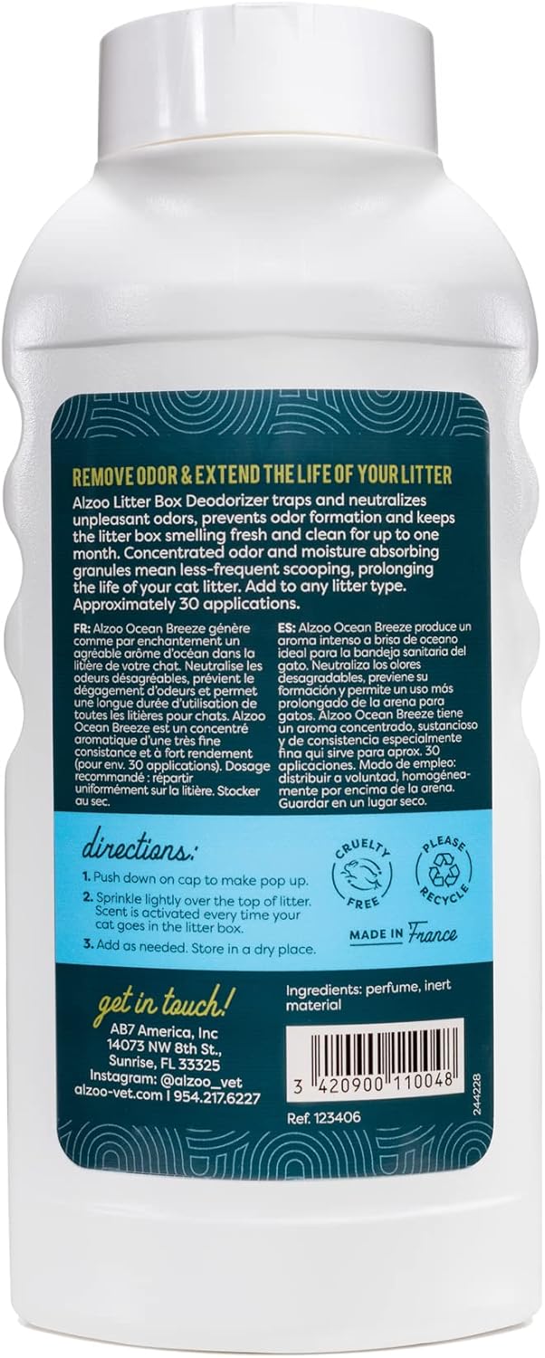 ALZOO Cat Litter Deodorizer, Concentrated Granules Absorb & Help Neutralize Odors, Mineral-Based Active Ingredients, Up To 30 Uses, Ocean Breeze Scent, 26.6 Oz., Pack of 2