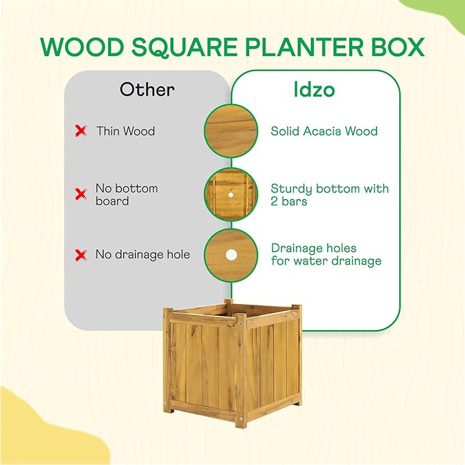 IDZO Set of 2 Acacia Wood Flower Planters for Outdoor Plants, Ergonomic Handles, Drainage Holes, Various Sizes, Ideal for Home Décor, Golden Teak