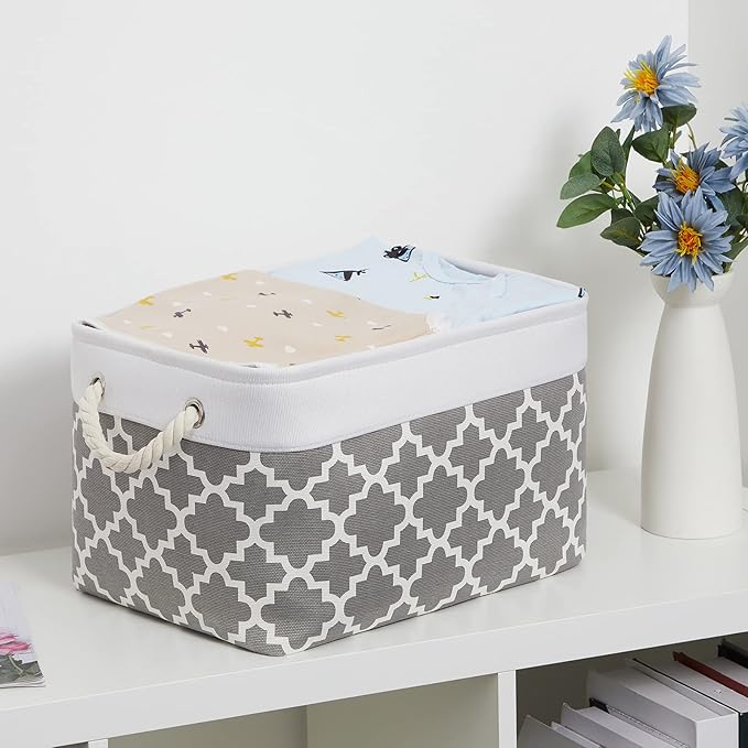 Bidtakay Basket Storage Bins Baskets for Organizing Set of 3 Collapsible Cloth Storage Linen Closet Organizer 15 X 11 X 9.5 Inches Large Foldable Baskets for Shelves (White&Quatrefoil Grey)