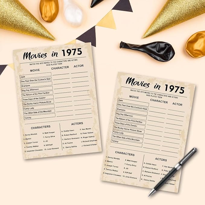 50th Birthday Party Games, Movie in 1975 Games, Birthday Party Supplies for Adults, Fun 1975s Party Game，Pack of 30 Cards