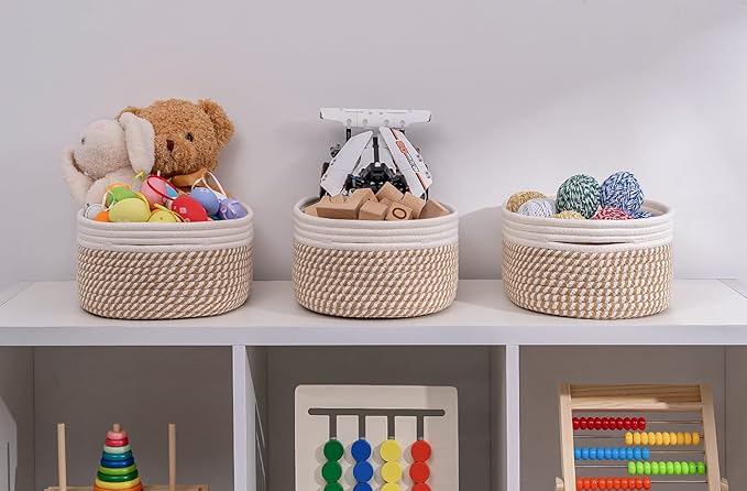 Shelf Storage Baskets for Organizing|Decorative Basket for Closet Storage|Toy Baskets&Bins|Small Woven Rope Baskets-13x8.66x5.11’’,Durable&Stylish,Oval 3 Packs Off White&Mixed Camel