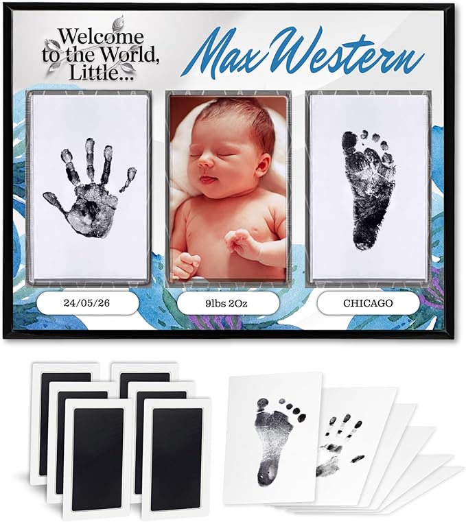 Baby Hand and Footprint Kit with Photo & Birth Details, Inkless Hand and Footprint Kit, Newborn Keepsake Plaque, Baby Shower Gifts (STYLE 1 (Fully Personalized) (Welcome To The World - Baby Boy))