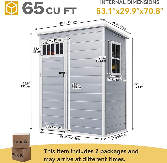 DWVO 5x3FT Outdoor Storage Shed with Fence-Style and Side Windows, Floor, Lockable Doors, Plastic Storage Shed for Backyard and Garden, Gray