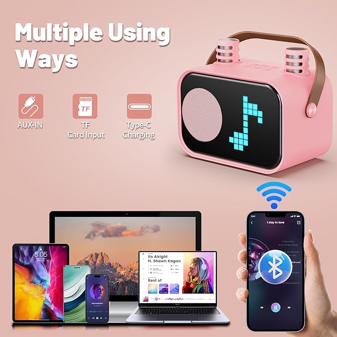 Karaoke Machine for Kids Adults, Portable Bluetooth Karaoke Speaker with 2 Wireless Microphones, Pixel Display Light, Birthday Gifts Toys for Girls & Boys Ages 3, 4, 5, 6, 7, 8, 9,10,11,12+ Years