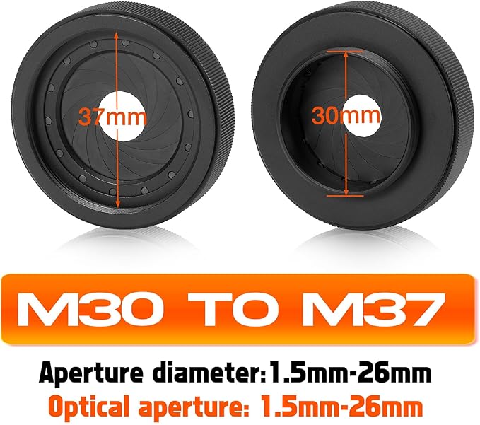 Adjustable Iris Aperture Diaphragm M30 to M37 Iris Aperture Diaphragm Adapter Optical Diaphragm 1.5-26mm Lens Module Adapter Ring PVS-14 PSV14 Optics (M30toM37)