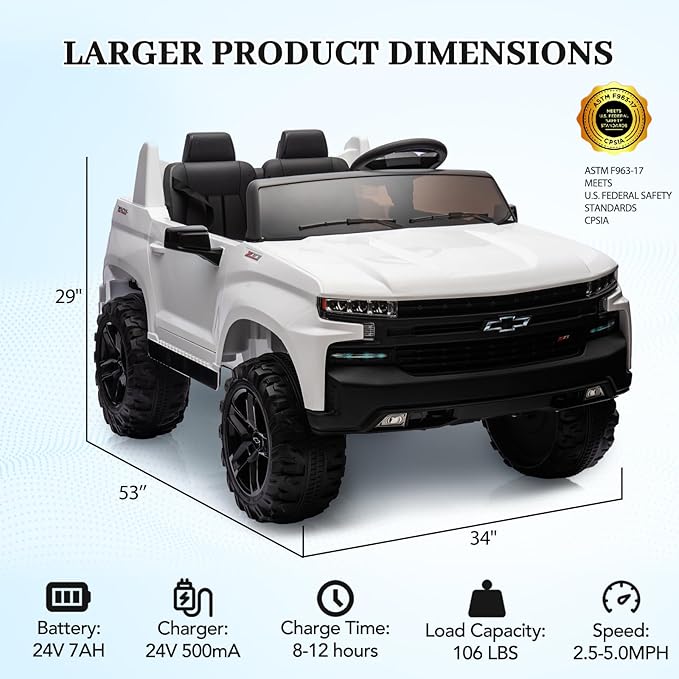 Hetoy 24V 2-Seater Truck Licensed Chevrolet Silverado Ride On Car Toy w/Parent Remote Control,4xSpring Suspension, 3 Speeds, Wireless Music, MP3 Player, Electric Vehicle Car for Kids, White