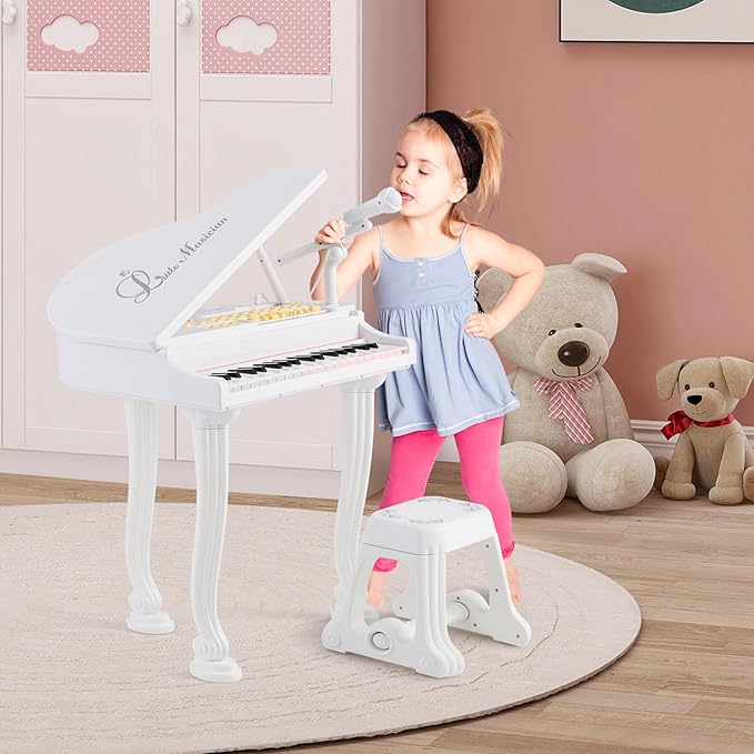 HONEY JOY Classical Kids Piano, 37-Key Toy Mini Grand Piano with Music Stand & Stool, Portable Electronic Educational Musical Instrument Toy w/ Microphone, Lights, Gift for Kids (White, 37 Keys)