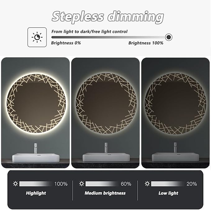 Bathroom Mirror with LED Lights, Wall Mirror with Touch Sensor, Round Mirror with Demister Pad, 3 Light Modes, for Living Room and Bathroom(A,70cm/27.6in)
