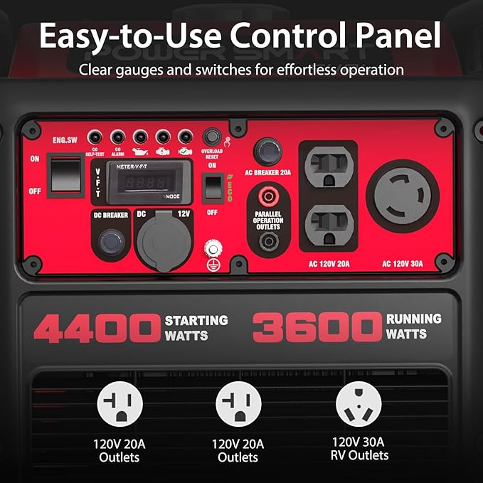 4400-Watt Portable Inverter Generator, PowerSmart Gas Powered, CO-Sensor, Lightweight & Quiet for Home Use and Emergency Backup, Camping, EPA Compliant